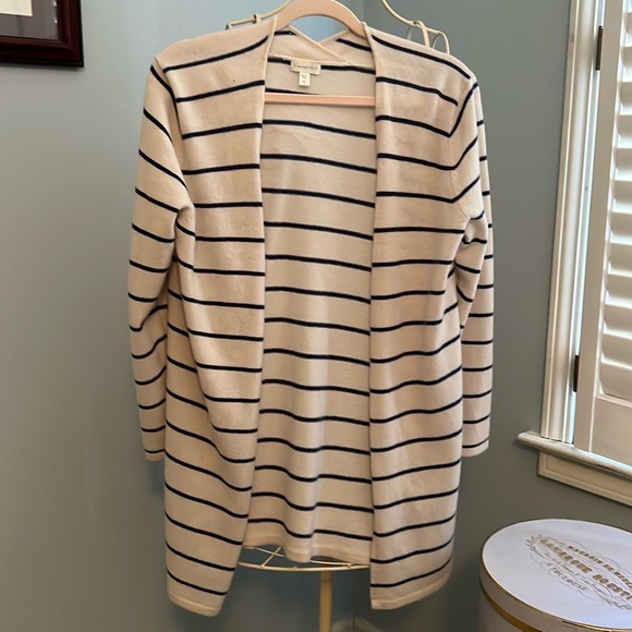 Garnet Hill cream striped cashmere open front cardigan - Picture 3 of 9